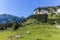 The majestic landscape of the steep Alpstein mountain range around the Aescher cliff in Appenzell, Switzerland