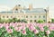 Majestic Lednice castle with flowering tulips, southern Moravia