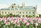 Majestic Lednice castle with flowering tulips, southern Moravia, yellow filter