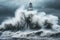 Majestic Lighthouse Facing a Powerful Wave in the Ocean. Generative AI.
