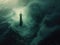 Majestic Lighthouse Standing Tall in Vast Ocean Waters. Generative AI.