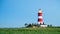 Majestic lighthouse with a vibrant red beacon in an expansive grassy field