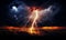 Majestic lightning bolt striking with intense brightness against the dark, ominous storm clouds, showcasing nature\\\'s raw