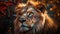 Majestic lion close up portrait, staring at camera in savannah generated by AI