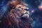 majestic lion constellation roars with cosmic power, its celestial mane radiating stardust, inspiring awe among distant star