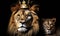 Majestic lion with a royal crown symbolizing power and nobility isolated on a black background with a regal and intense gaze