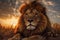 Majestic lion\\\'s portrait on savanna, Mount Kilimanjaro embraces the sunset
