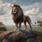 Majestic Lion Standing on a Rock Overlooking a Vast Savannah with Copy Space