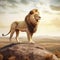 Majestic Lion Standing on a Rock Overlooking a Vast Savannah with Copy Space