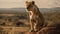 Majestic lioness resting in the grassy savannah at sunset generated by AI
