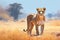 Majestic Lioness Roaming the Hot African Savannah. Generative AI