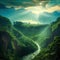 Majestic magical fantasy landscape with mountains, river, waterfall, sun rays. 3D illustration