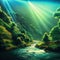 Majestic magical fantasy landscape with mountains, river, waterfall, sun rays. 3D illustration