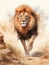 A Majestic Male Lion Running in Watercolor Style AI Generated