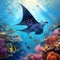 Majestic Manta Ray Gliding Above Vibrant Coral-Studded Ocean Floor