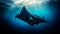 Majestic manta ray swimming in deep blue underwater mystery generated by AI