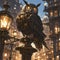 Majestic Mechanical Owl Perched on Brass Lamp