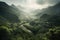 Majestic misty mountaintop overlooking the verdant valley below, with lush trees and winding river