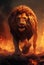 Majestic Monarch in Flames: Fantasy Lion King Poster with Ashes, Embers, and Flames Against a Black Backdrop.