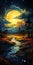 Majestic Moonlit River: A Stunning Sunset Over Snowy Plains and