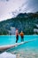 Majestic mountain lake in Canada. Upper Joffre Lake Trail View, couple visit Joffre Lakes Provincial Park - Middle Lake