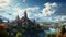Majestic mountain landscape, ancient cathedral, gothic style, urban skyline adventure generated by AI