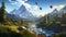 Majestic mountain landscape with a colorful hot air balloon gracefully soaring over a serene river