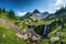 majestic mountain landscapes with waterfall, forest, and blue skies