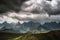 majestic mountain range, with clouds swirling and storms brewing in the distance