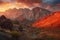 majestic mountain range, with fiery sunset casting a warm glow on the rugged landscape
