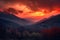 majestic mountain range in fiery sunset with clouds and mist