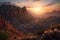 majestic mountain range, with fiery sunset highlighting the cliffs and canyons