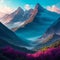 A majestic mountain range, its peaks shrouded in mist, the valley below a lush paradise of vibrant colors and life,AI generated