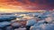 Majestic mountain range reflects tranquil sunset on frozen glacier lagoon generated by AI