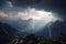 majestic mountain range with stormy clouds and lightning in the sky