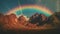 Majestic mountain range at sunset, rainbow colors in the sky generated by AI