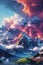 A majestic mountain range with vibrant clouds swirling around