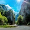 Majestic mountain scenery. road in mountains, glowing in sunlight. Romania- Carpathian Mountains. Bicaz Canyon Cheile Bicazului .