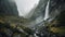 Majestic Mountain Waterfall on a Cloudy Day