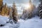 Majestic Mountain Winter Landscape. Breathtaking Alpine Highlands in Sunny Day. impressively beautiful Winter Forest under