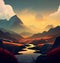 Majestic Mountains and Serene River in Digital Art Style