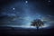 Majestic Night Sky with Lone Tree and Shimmering Stars.