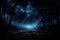 Majestic night sky over hunting lodge star cluster in blue nebula shines realistically