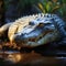 Majestic Nile crocodile rests on riverbank, a powerful riverside guardian
