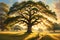 A Majestic Oak Tree at the Center: Grand Sweeping Branches, Lush Foliage, Golden Hour Sunlight Filtering Through