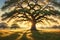 A Majestic Oak Tree at the Center: Grand Sweeping Branches, Lush Foliage, Golden Hour Sunlight Filtering Through