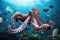 majestic octopus kraken in the depths of the ocean, with schools of fish swimming past