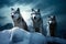 A majestic pack of wolves under a full moon in a vast, snow-covered landscape
