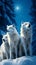 A majestic pack of wolves under a full moon in a vast, snow-covered landscape