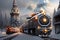 The Majestic Panorama of Motorized Trains\\\' Passage through Snowy Mountains, Forests, and Towns Adorned with Castle like. AI